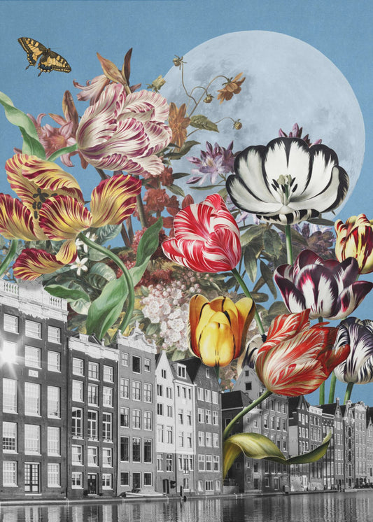 Lebendige Tulpen und komplizierte Schmetterlinge | Leinwand