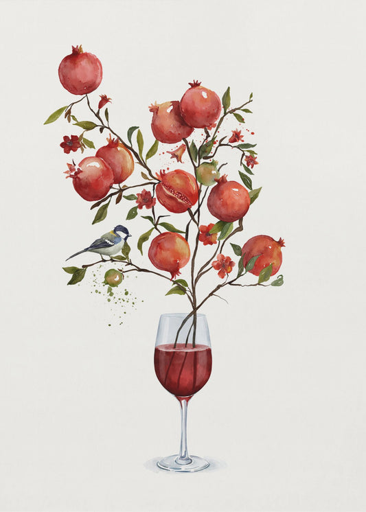 Granatapfel in einem Glas Wein | Leinwand