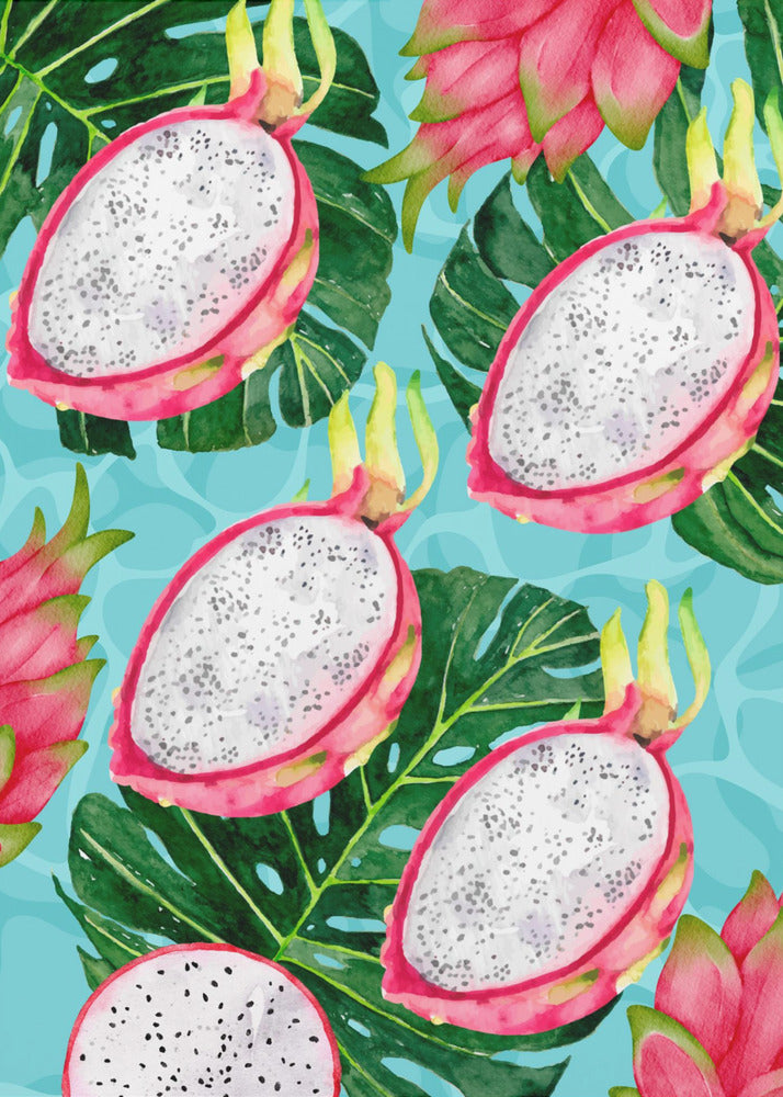 Vibrant Dragon Fruit &amp; Monstera Leaves Aesthetic Pattern - Exotic Tropical watercolor | Poster