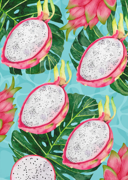 Vibrant Dragon Fruit &amp; Monstera Leaves Aesthetic Pattern - Exotic Tropical watercolor | Poster