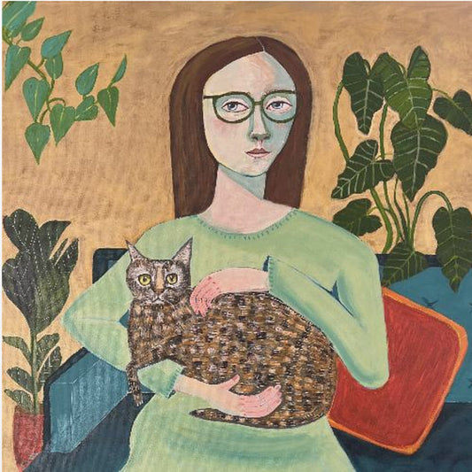 Dame mit ihrer Katze im Wohnzimmer | Leinwand