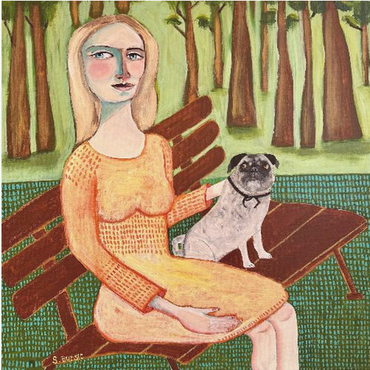 Dame mit Hund Mops | Leinwand